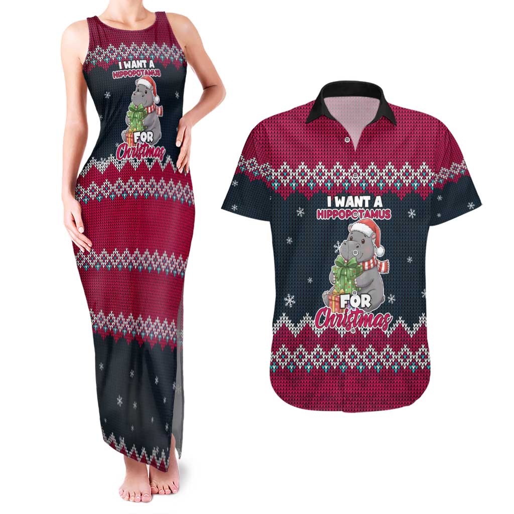 I Want A Hippopotamus Christmas Design Couples Matching Tank Maxi Dress and Hawaiian Shirt Xmas Holiday Patterns - Wonder Print Shop