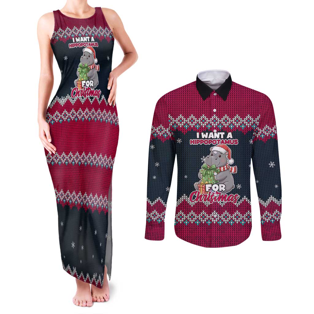I Want A Hippopotamus Christmas Design Couples Matching Tank Maxi Dress and Long Sleeve Button Shirt Xmas Holiday Patterns - Wonder Print Shop