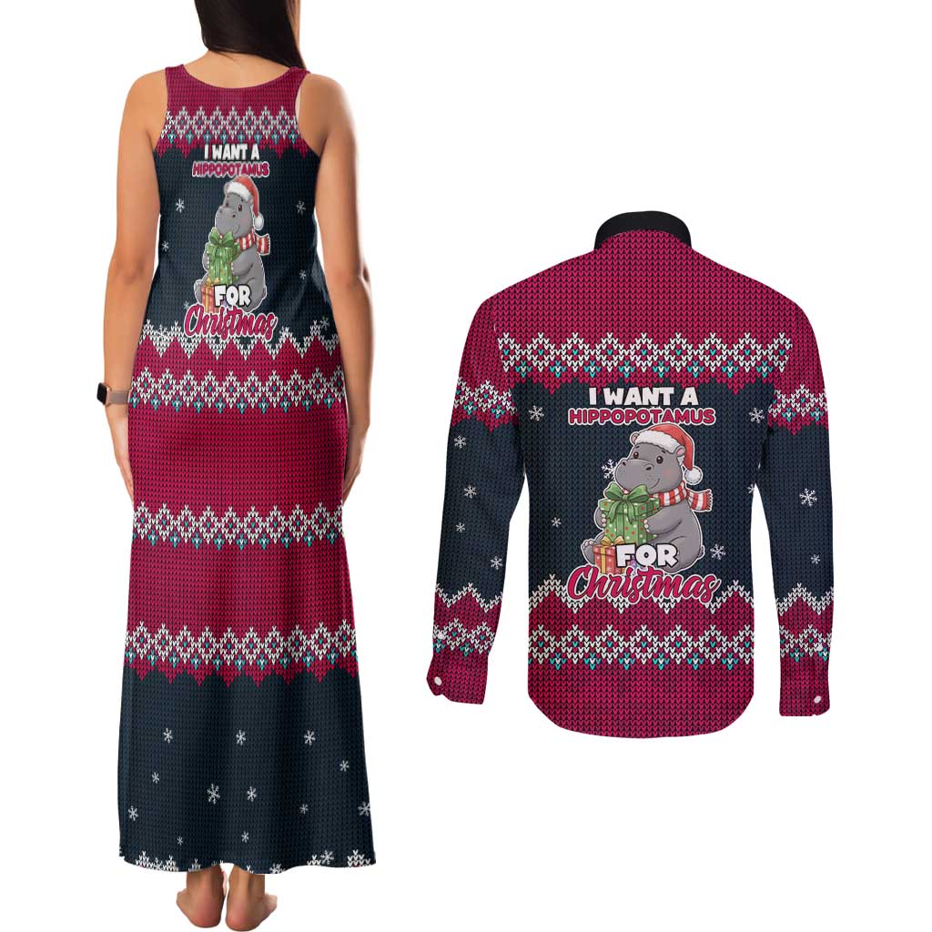 I Want A Hippopotamus Christmas Design Couples Matching Tank Maxi Dress and Long Sleeve Button Shirt Xmas Holiday Patterns - Wonder Print Shop