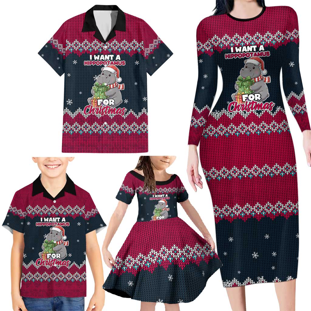 I Want A Hippopotamus Christmas Design Family Matching Long Sleeve Bodycon Dress and Hawaiian Shirt Xmas Holiday Patterns - Wonder Print Shop