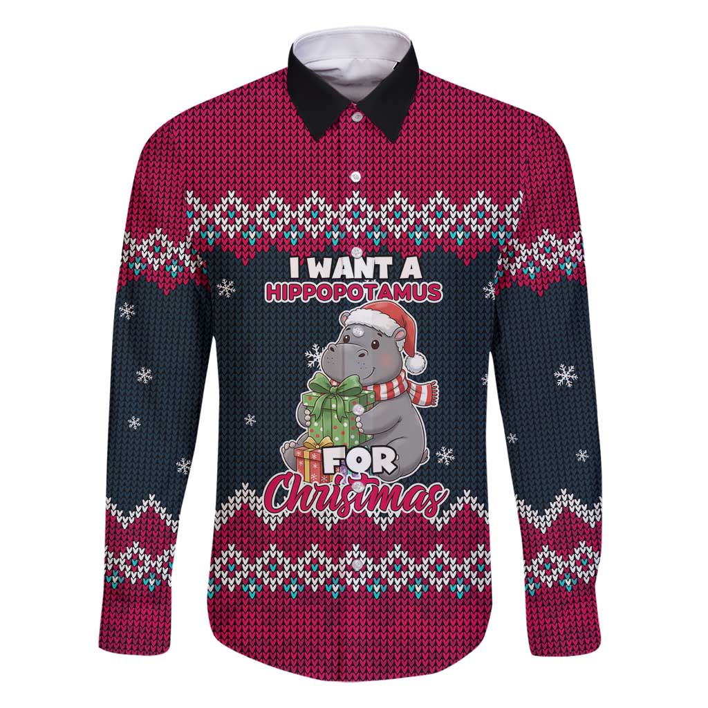 I Want A Hippopotamus Christmas Design Family Matching Long Sleeve Bodycon Dress and Hawaiian Shirt Xmas Holiday Patterns - Wonder Print Shop