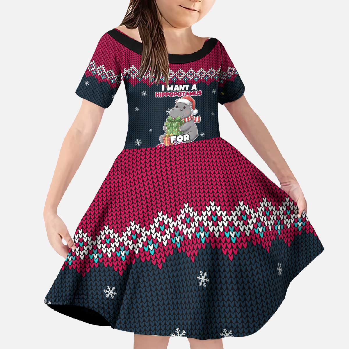 I Want A Hippopotamus Christmas Design Family Matching Off The Shoulder Long Sleeve Dress and Hawaiian Shirt Xmas Holiday Patterns - Wonder Print Shop