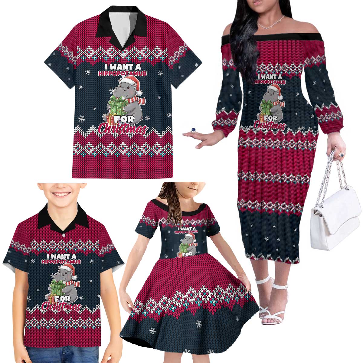 I Want A Hippopotamus Christmas Design Family Matching Off The Shoulder Long Sleeve Dress and Hawaiian Shirt Xmas Holiday Patterns - Wonder Print Shop