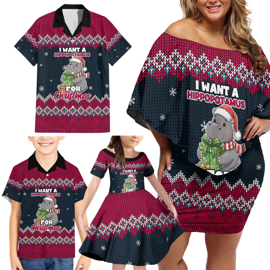 I Want A Hippopotamus Christmas Design Family Matching Off Shoulder Short Dress and Hawaiian Shirt Xmas Holiday Patterns - Wonder Print Shop