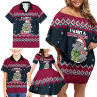 I Want A Hippopotamus Christmas Design Family Matching Off Shoulder Short Dress and Hawaiian Shirt Xmas Holiday Patterns - Wonder Print Shop