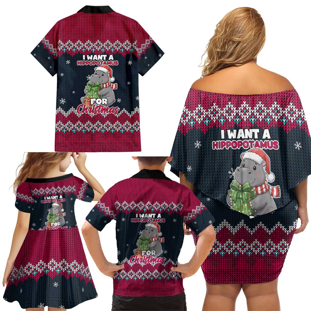 I Want A Hippopotamus Christmas Design Family Matching Off Shoulder Short Dress and Hawaiian Shirt Xmas Holiday Patterns - Wonder Print Shop