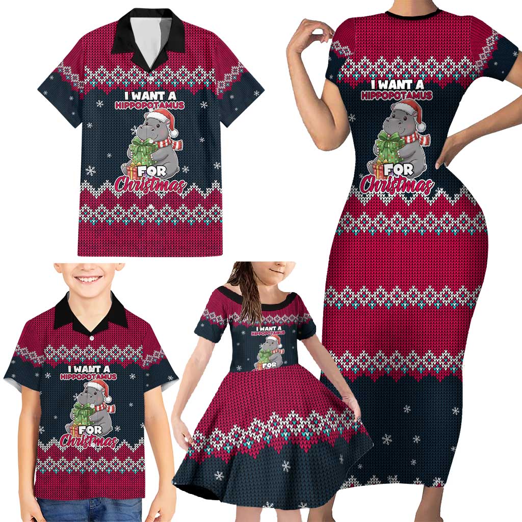 I Want A Hippopotamus Christmas Design Family Matching Short Sleeve Bodycon Dress and Hawaiian Shirt Xmas Holiday Patterns - Wonder Print Shop