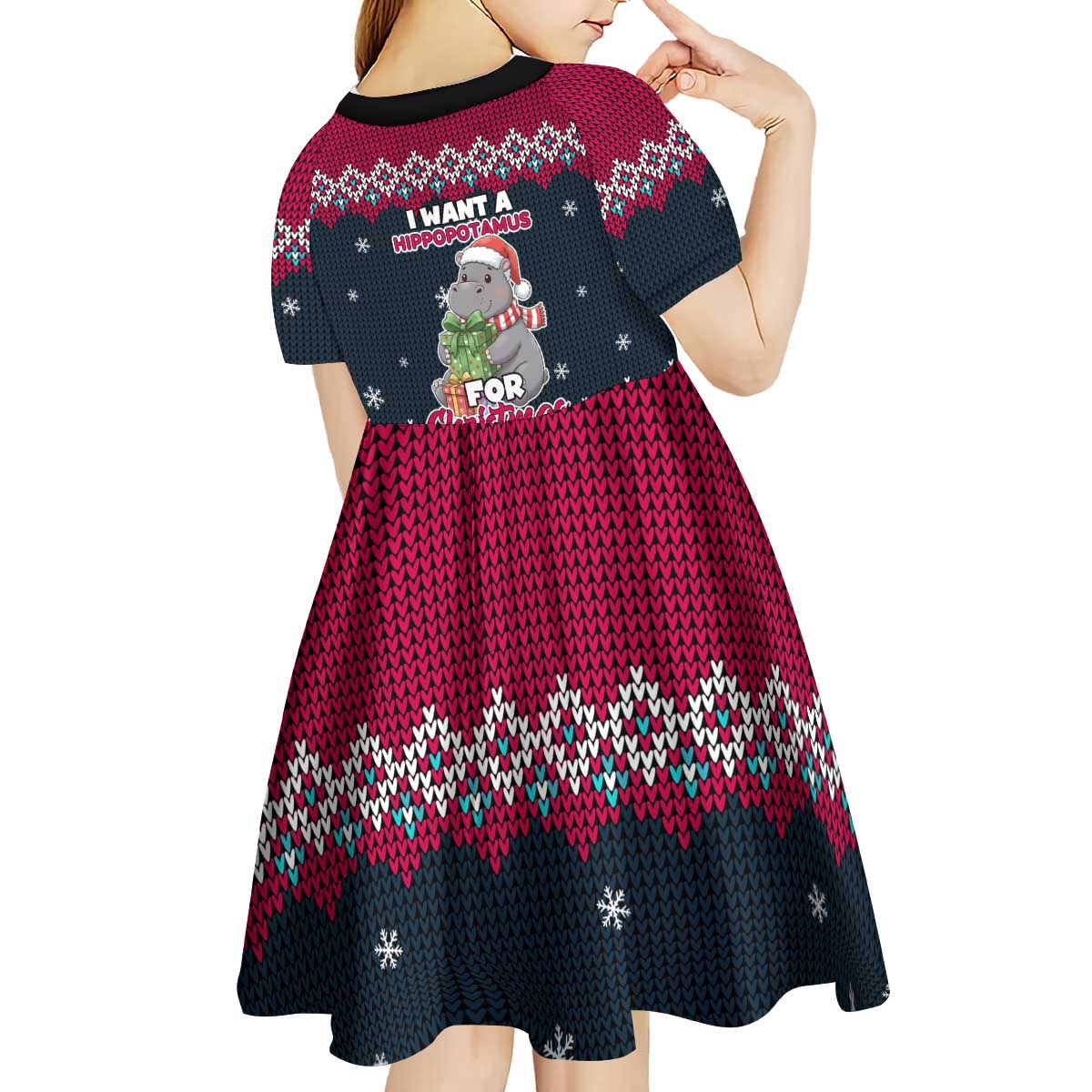 I Want A Hippopotamus Christmas Design Kid Short Sleeve Dress Xmas Holiday Patterns - Wonder Print Shop