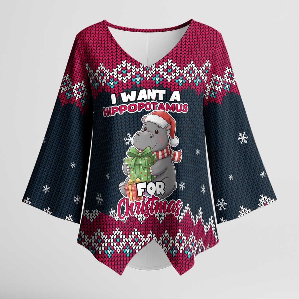 I Want A Hippopotamus Christmas Design Kimono Sleeve Blouse Xmas Holiday Patterns - Wonder Print Shop