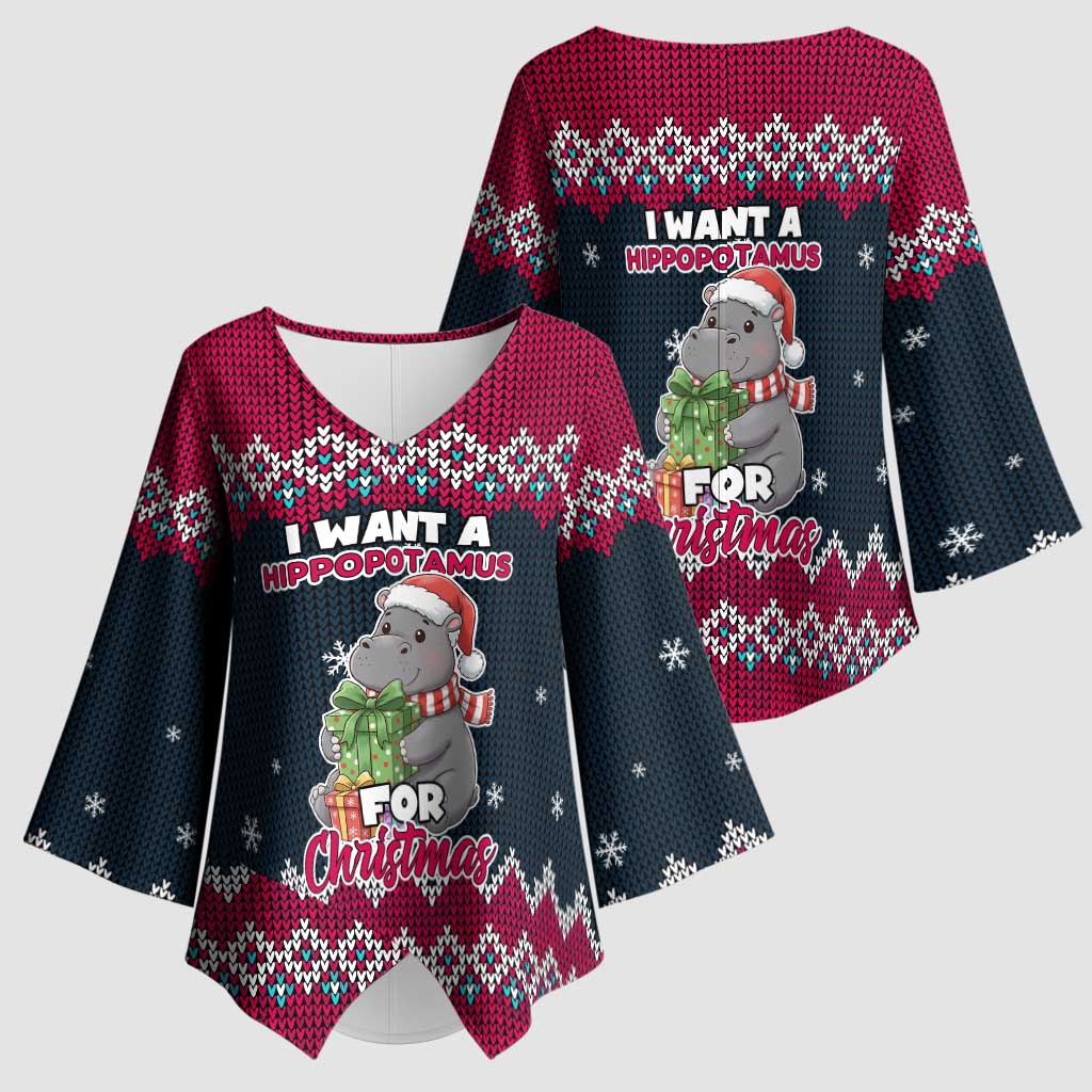 I Want A Hippopotamus Christmas Design Kimono Sleeve Blouse Xmas Holiday Patterns - Wonder Print Shop