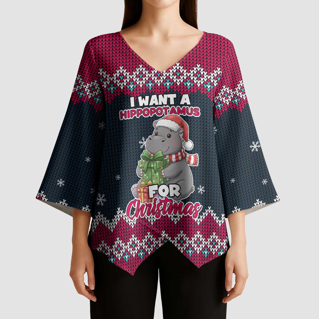 I Want A Hippopotamus Christmas Design Kimono Sleeve Blouse Xmas Holiday Patterns - Wonder Print Shop