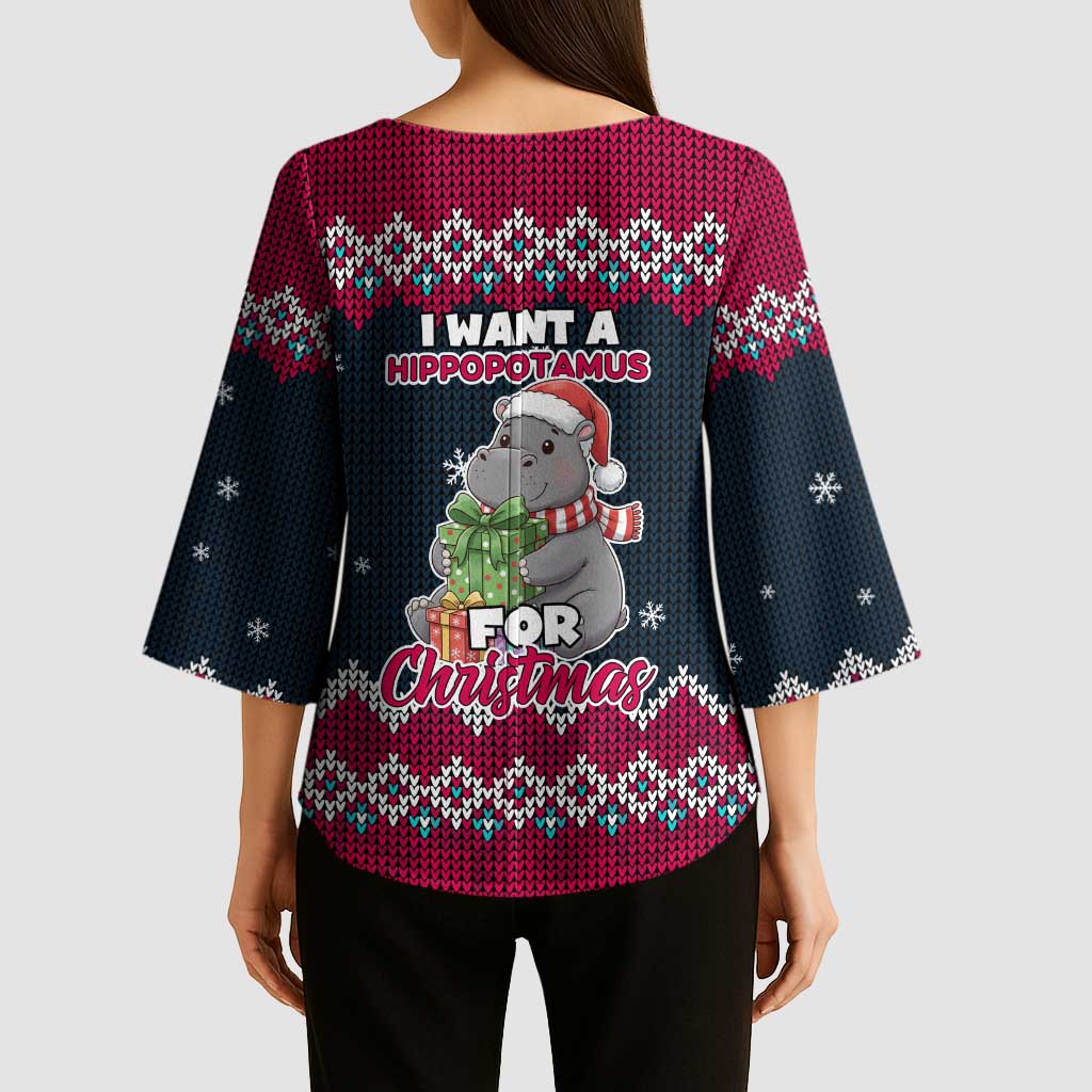 I Want A Hippopotamus Christmas Design Kimono Sleeve Blouse Xmas Holiday Patterns - Wonder Print Shop