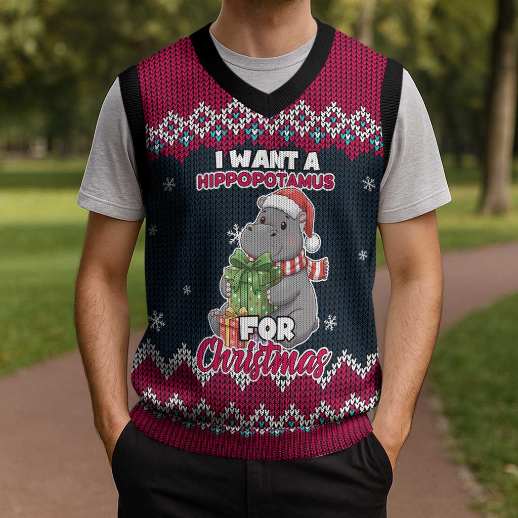 I Want A Hippopotamus Christmas Design Christmas Knitted V-Neck Vest Xmas Holiday Patterns - Wonder Print Shop