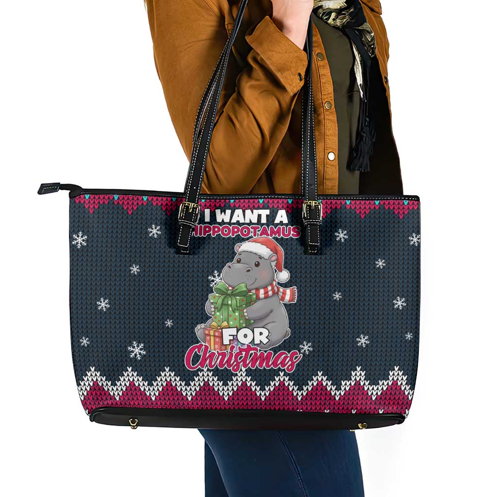 I Want A Hippopotamus Christmas Design Leather Tote Bag Xmas Holiday Patterns - Wonder Print Shop