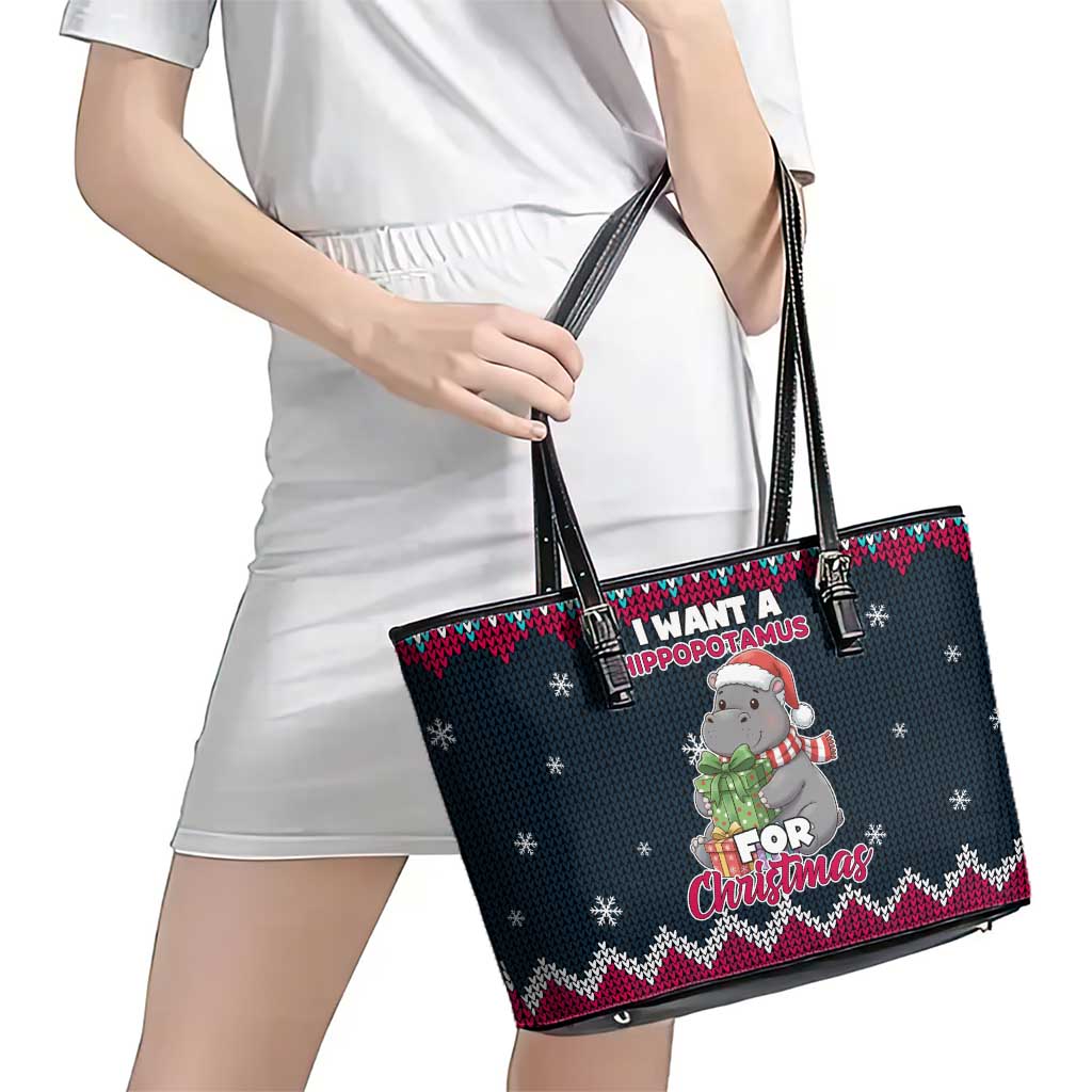 I Want A Hippopotamus Christmas Design Leather Tote Bag Xmas Holiday Patterns - Wonder Print Shop