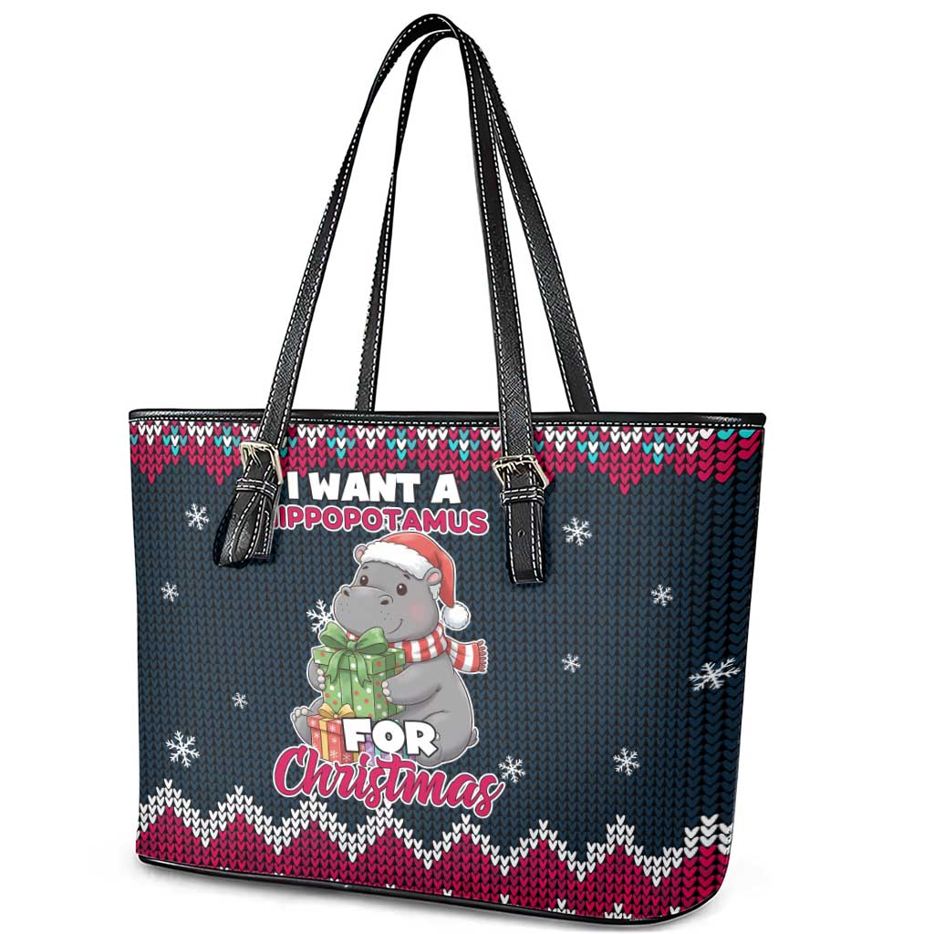 I Want A Hippopotamus Christmas Design Leather Tote Bag Xmas Holiday Patterns - Wonder Print Shop