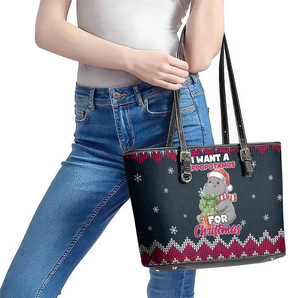 I Want A Hippopotamus Christmas Design Leather Tote Bag Xmas Holiday Patterns - Wonder Print Shop