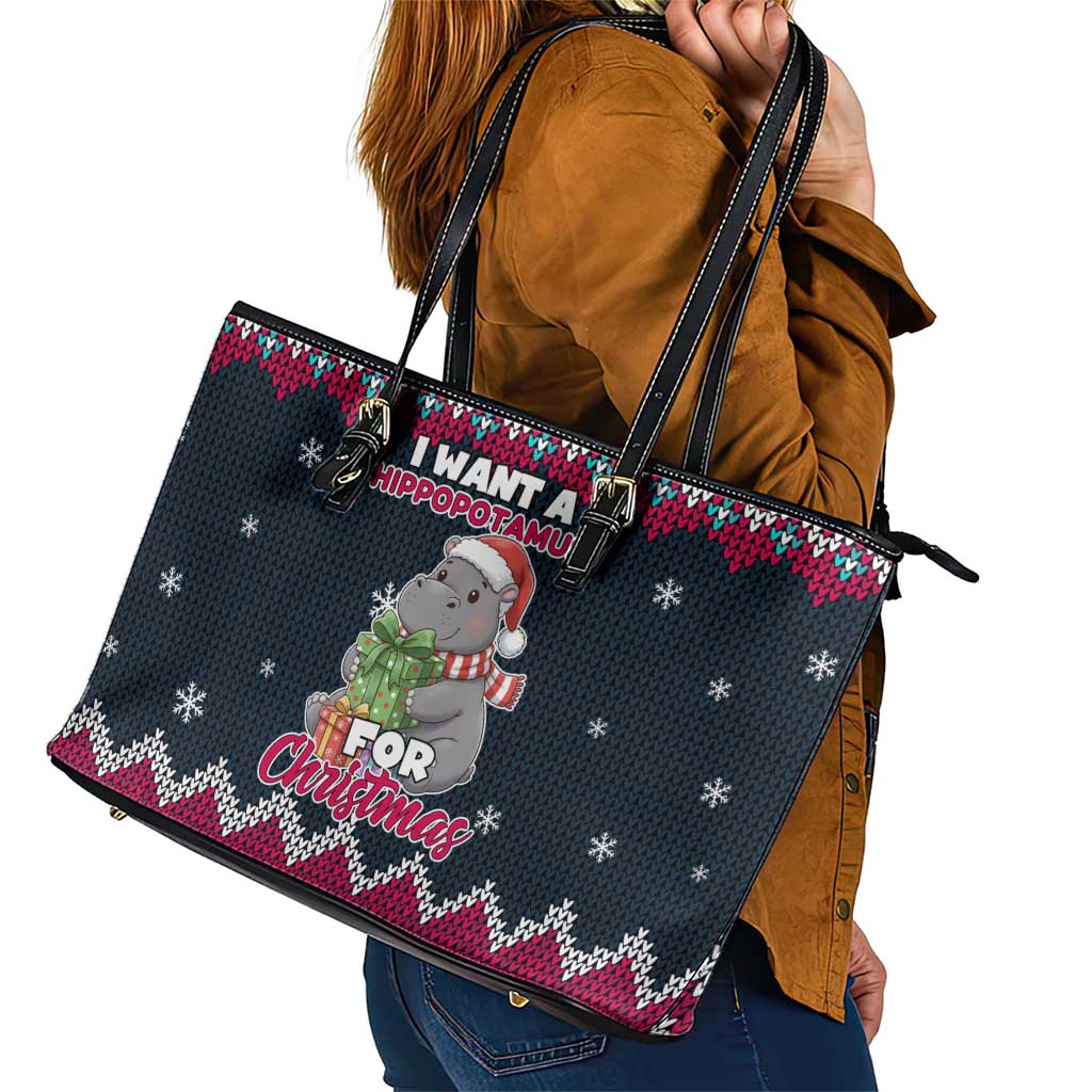 I Want A Hippopotamus Christmas Design Leather Tote Bag Xmas Holiday Patterns - Wonder Print Shop