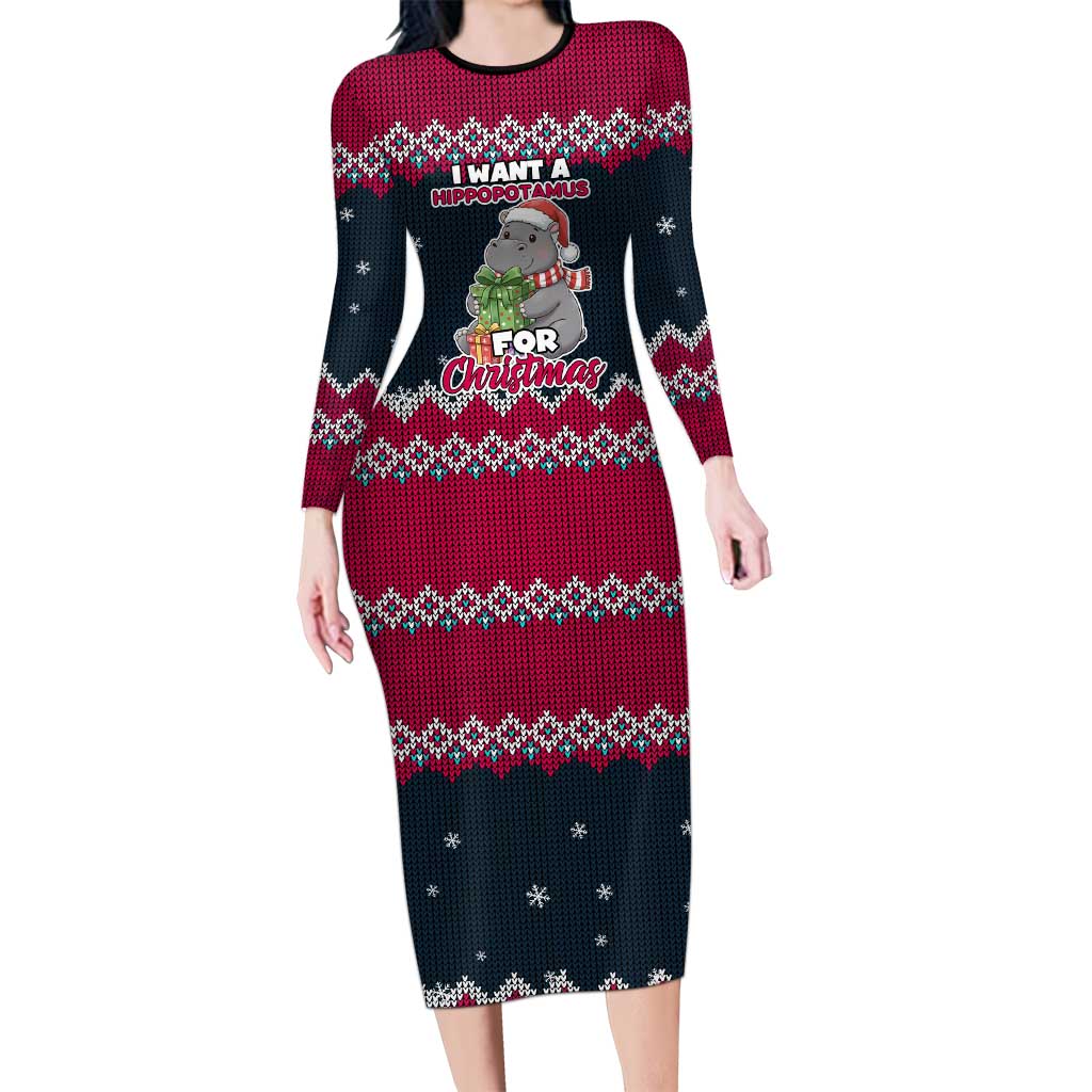 I Want A Hippopotamus Christmas Design Long Sleeve Bodycon Dress Xmas Holiday Patterns - Wonder Print Shop