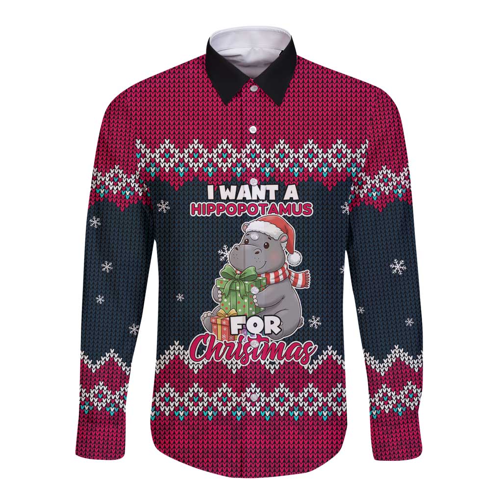 I Want A Hippopotamus Christmas Design Long Sleeve Button Shirt Xmas Holiday Patterns - Wonder Print Shop