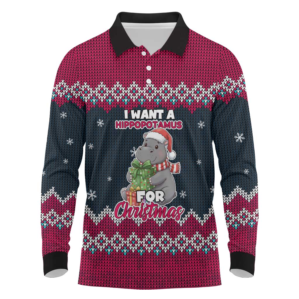 I Want A Hippopotamus Christmas Design Long Sleeve Polo Shirt Xmas Holiday Patterns - Wonder Print Shop