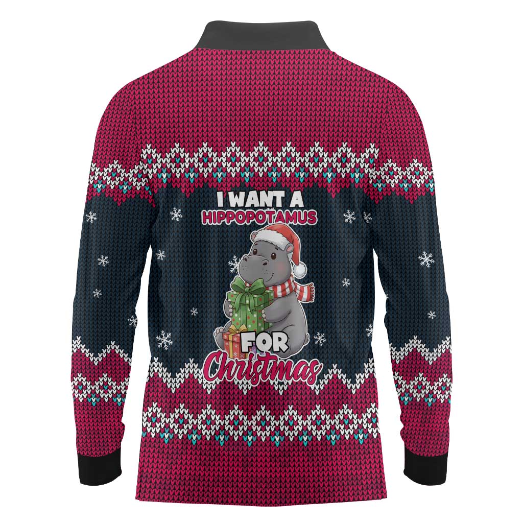 I Want A Hippopotamus Christmas Design Long Sleeve Polo Shirt Xmas Holiday Patterns - Wonder Print Shop