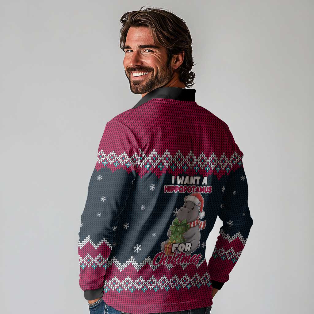 I Want A Hippopotamus Christmas Design Long Sleeve Polo Shirt Xmas Holiday Patterns - Wonder Print Shop