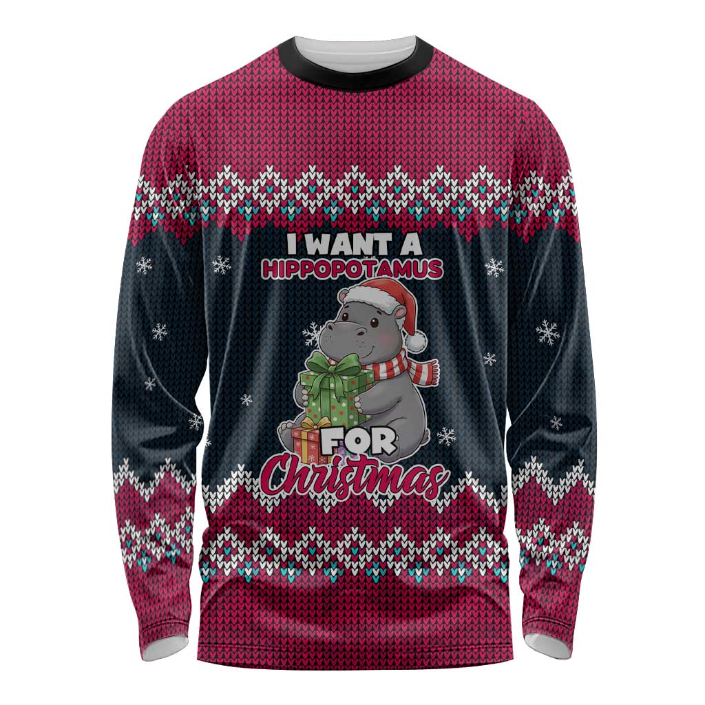 I Want A Hippopotamus Christmas Design Long Sleeve Shirt Xmas Holiday Patterns - Wonder Print Shop