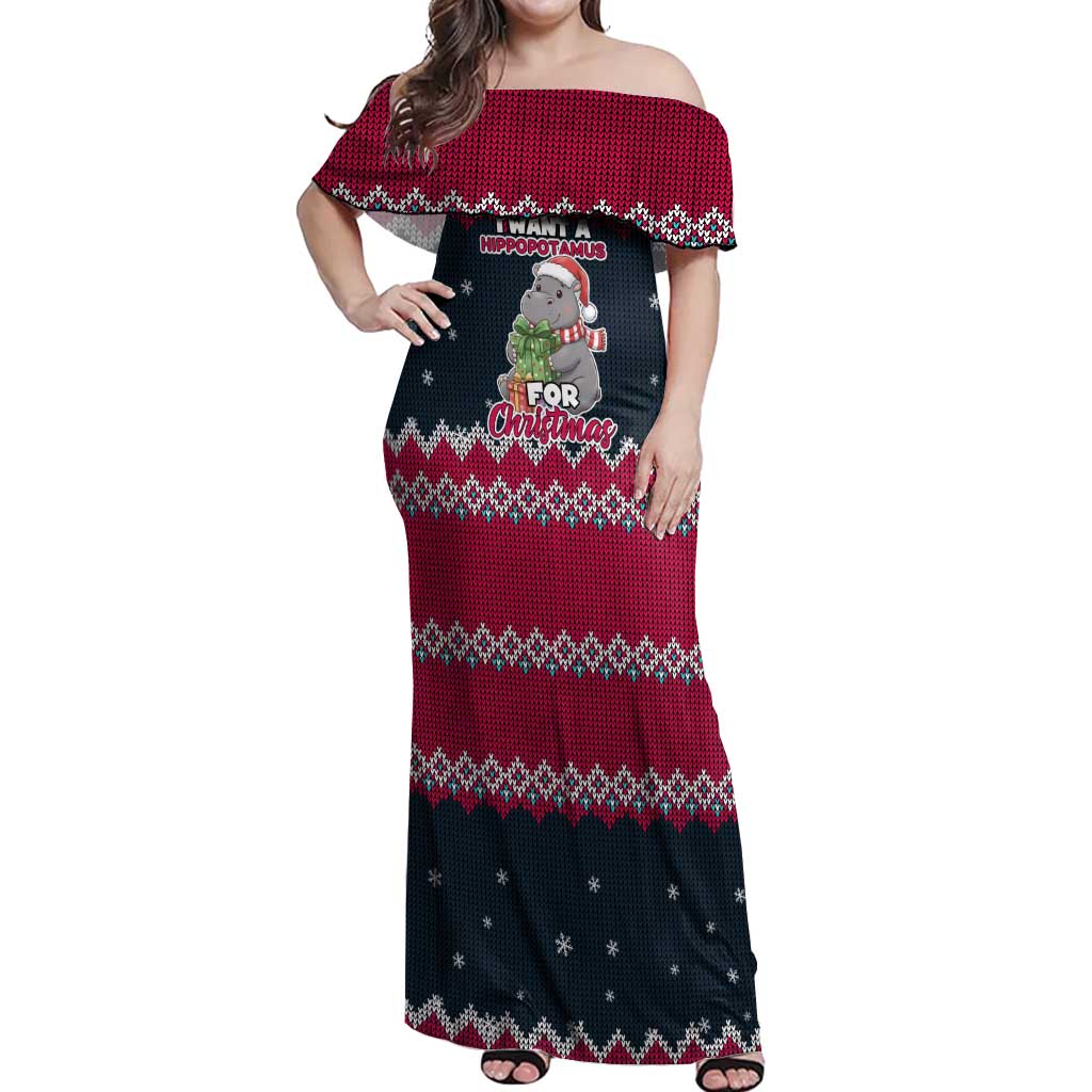 I Want A Hippopotamus Christmas Design Off Shoulder Maxi Dress Xmas Holiday Patterns - Wonder Print Shop