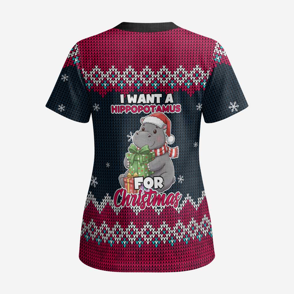 I Want A Hippopotamus Christmas Design Scrub Top Xmas Holiday Patterns - Wonder Print Shop