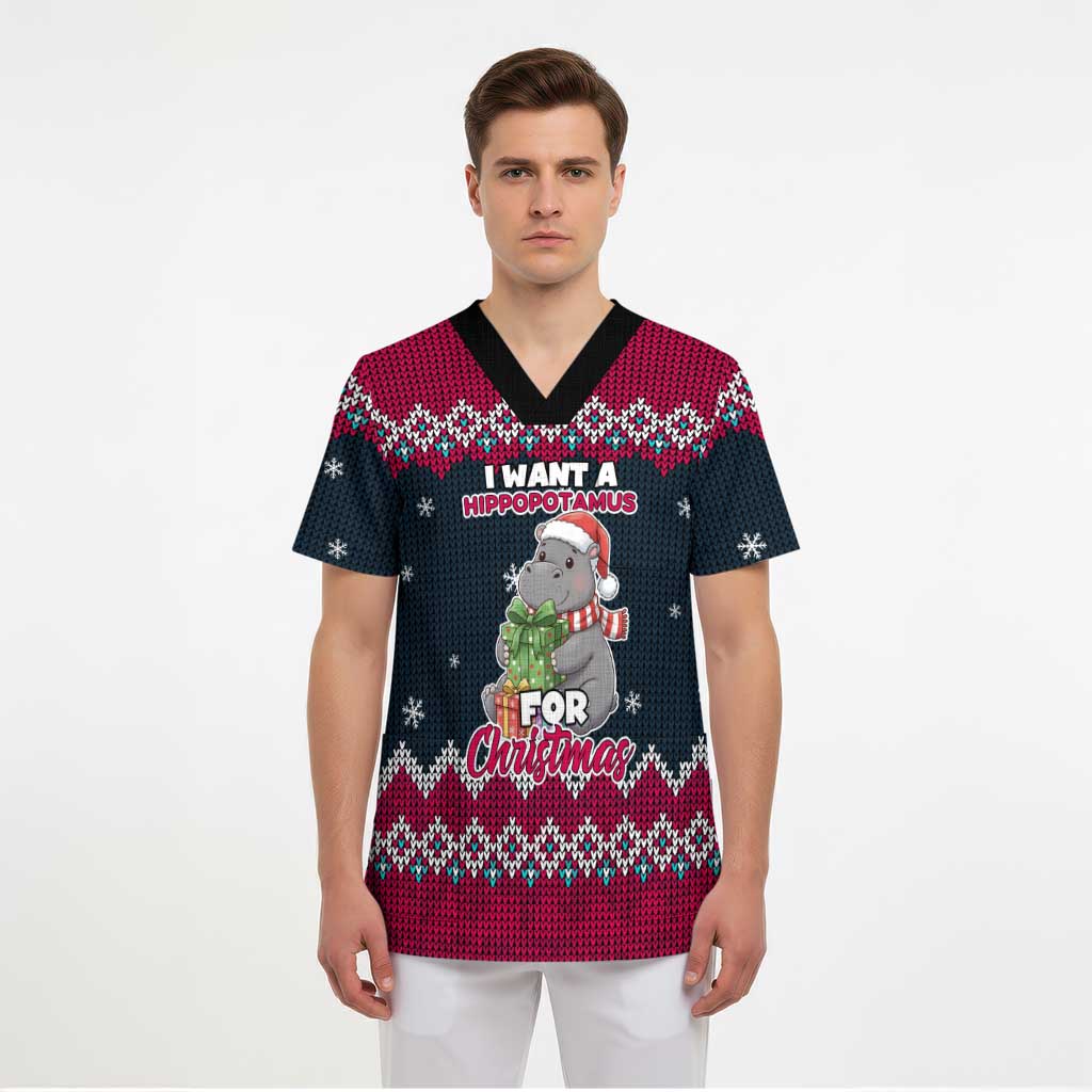 I Want A Hippopotamus Christmas Design Scrub Top Xmas Holiday Patterns - Wonder Print Shop