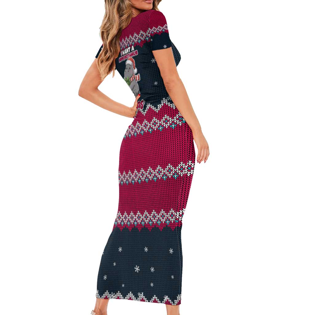I Want A Hippopotamus Christmas Design Short Sleeve Bodycon Dress Xmas Holiday Patterns - Wonder Print Shop