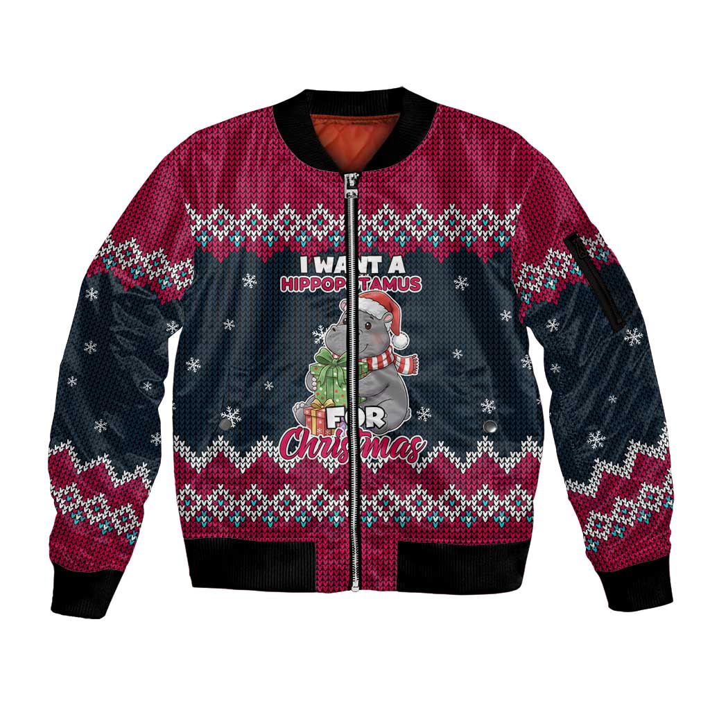 I Want A Hippopotamus Christmas Design Sleeve Zip Bomber Jacket Xmas Holiday Patterns - Wonder Print Shop