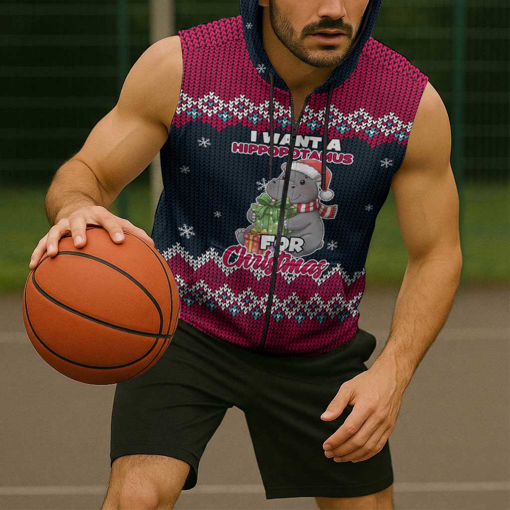 I Want A Hippopotamus Christmas Design Sleeveless Zip Hoodie Xmas Holiday Patterns - Wonder Print Shop