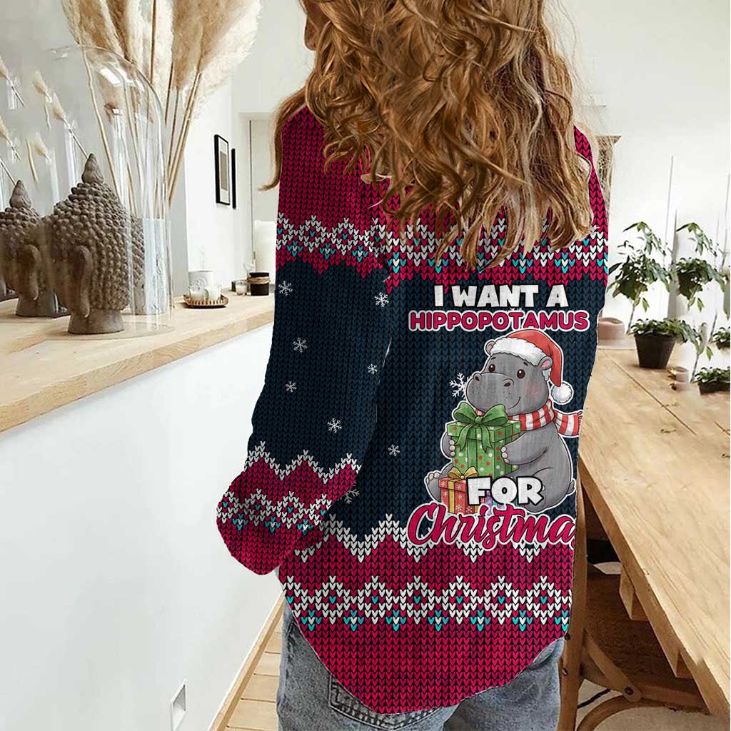 I Want A Hippopotamus Christmas Design Women Casual Shirt Xmas Holiday Patterns - Wonder Print Shop