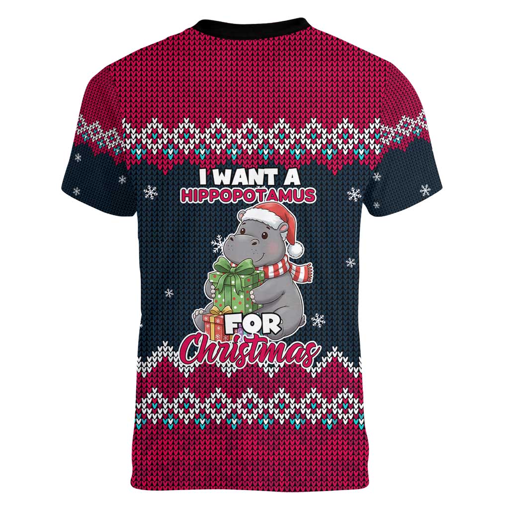 I Want A Hippopotamus Christmas Design Women V-Neck T-Shirt Xmas Holiday Patterns - Wonder Print Shop