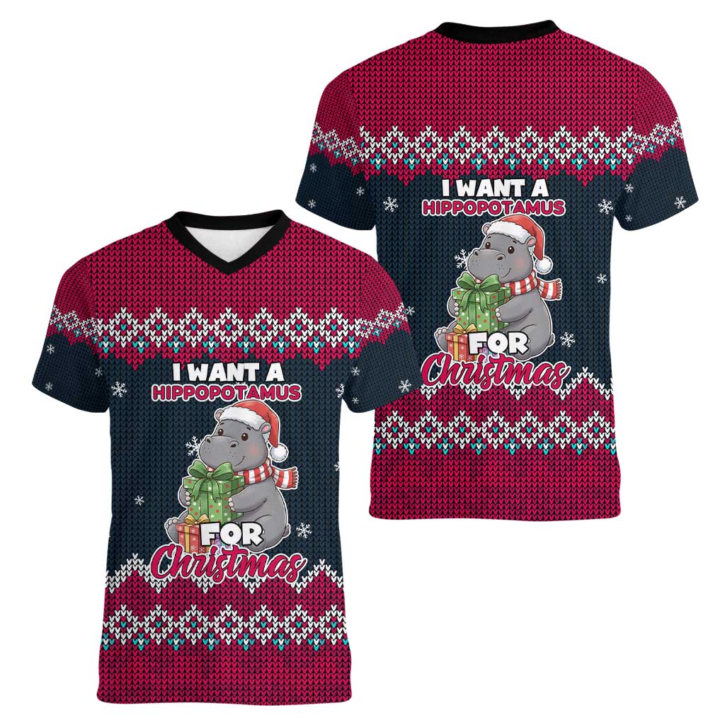 I Want A Hippopotamus Christmas Design Women V-Neck T-Shirt Xmas Holiday Patterns - Wonder Print Shop