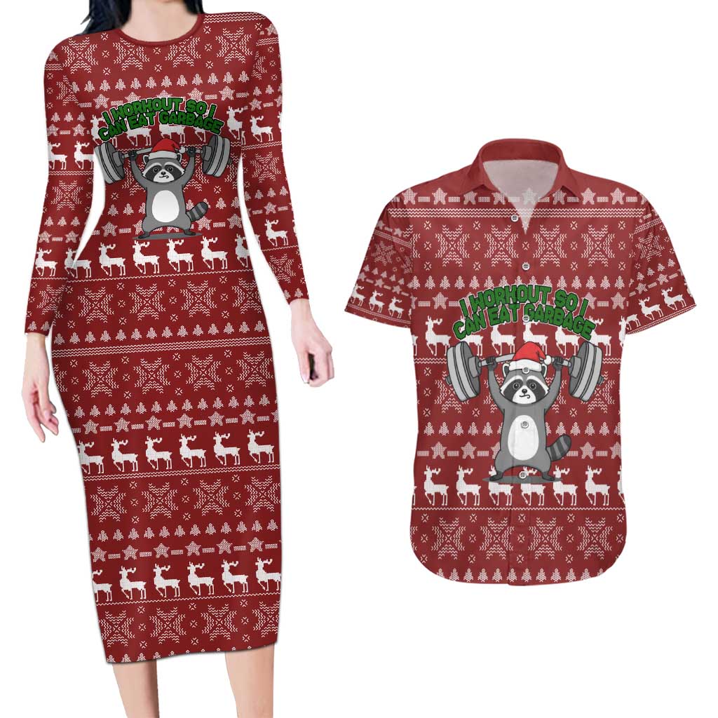 I Workout So I Can Eat Garbage Christmas Design Couples Matching Long Sleeve Bodycon Dress and Hawaiian Shirt Xmas Holiday Patterns - Wonder Print Shop