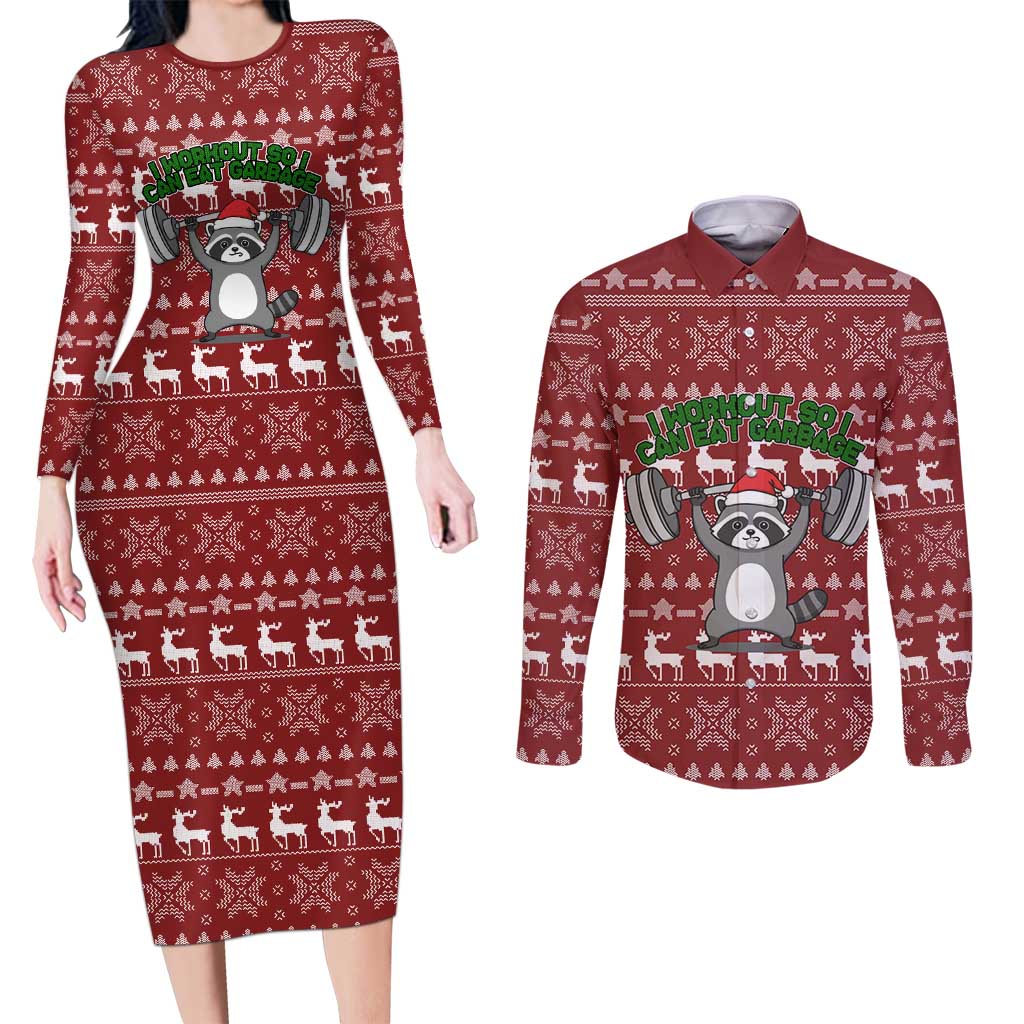 I Workout So I Can Eat Garbage Christmas Design Couples Matching Long Sleeve Bodycon Dress and Long Sleeve Button Shirt Xmas Holiday Patterns - Wonder Print Shop