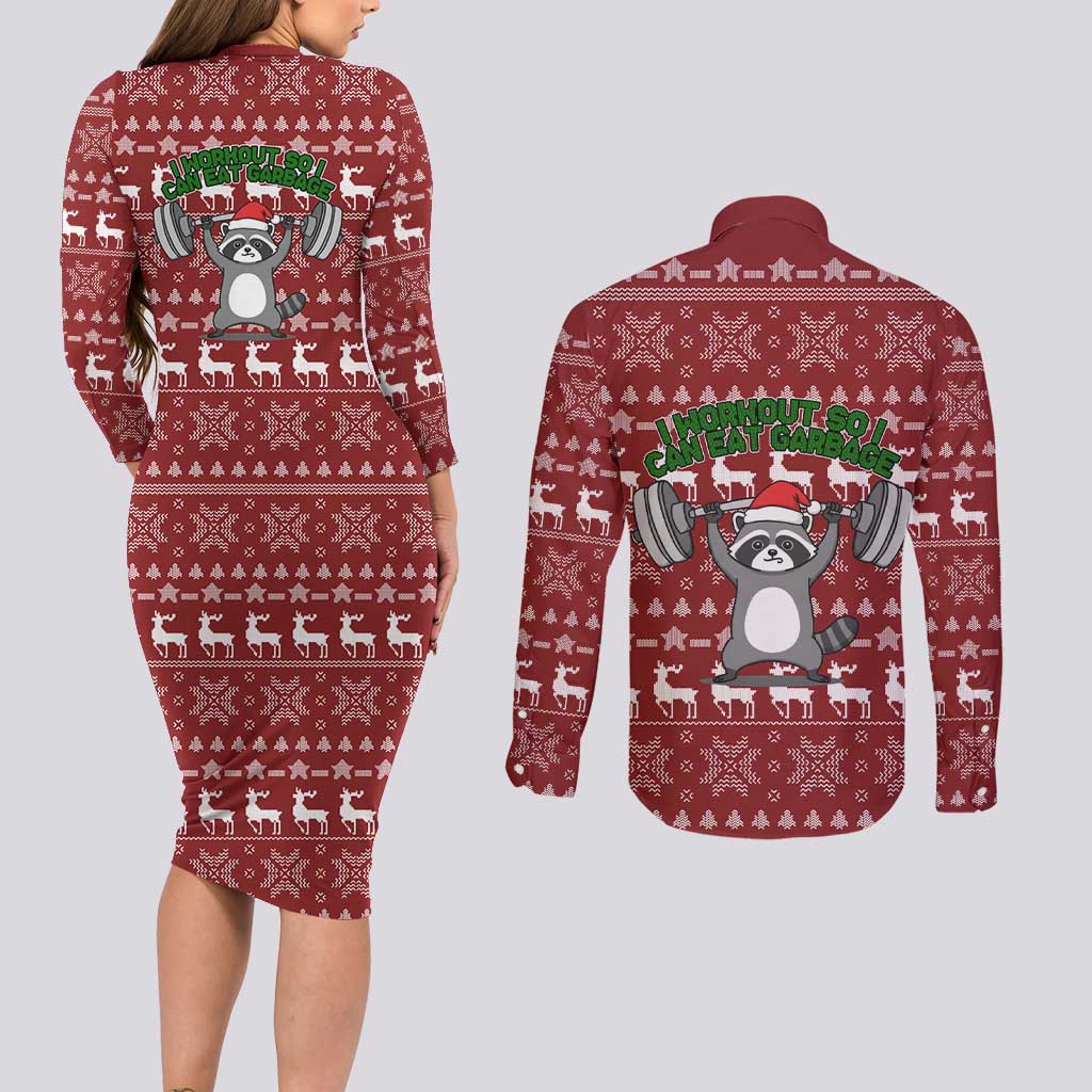 I Workout So I Can Eat Garbage Christmas Design Couples Matching Long Sleeve Bodycon Dress and Long Sleeve Button Shirt Xmas Holiday Patterns - Wonder Print Shop