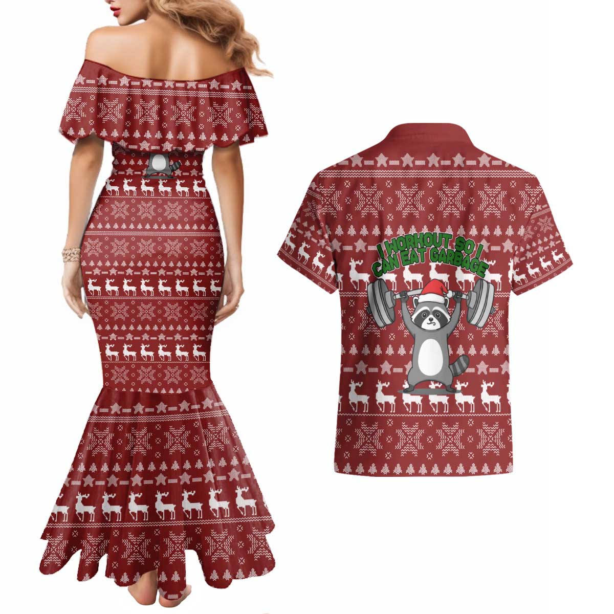 I Workout So I Can Eat Garbage Christmas Design Couples Matching Mermaid Dress and Hawaiian Shirt Xmas Holiday Patterns - Wonder Print Shop