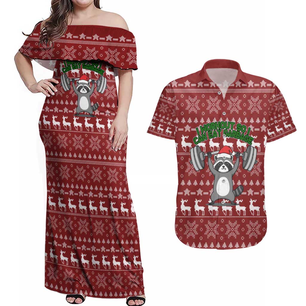 I Workout So I Can Eat Garbage Christmas Design Couples Matching Off Shoulder Maxi Dress and Hawaiian Shirt Xmas Holiday Patterns - Wonder Print Shop