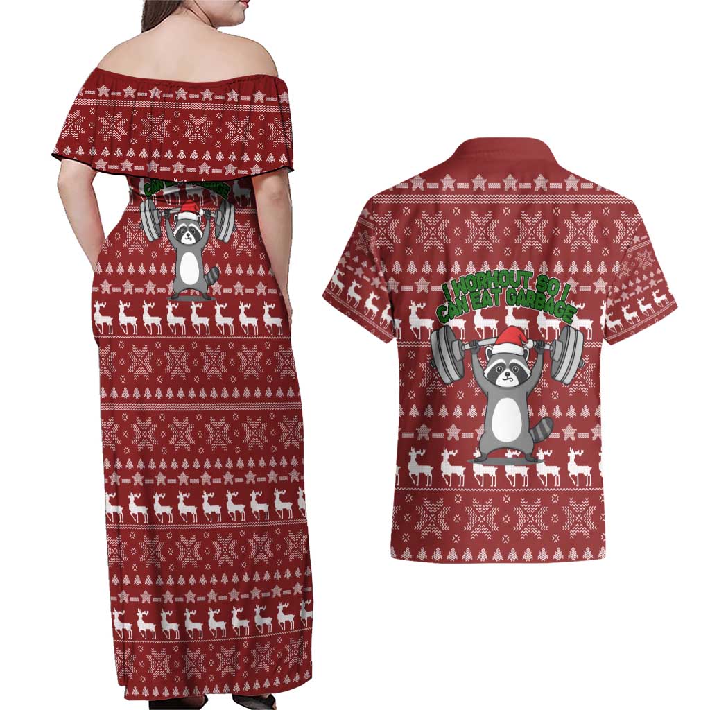 I Workout So I Can Eat Garbage Christmas Design Couples Matching Off Shoulder Maxi Dress and Hawaiian Shirt Xmas Holiday Patterns - Wonder Print Shop