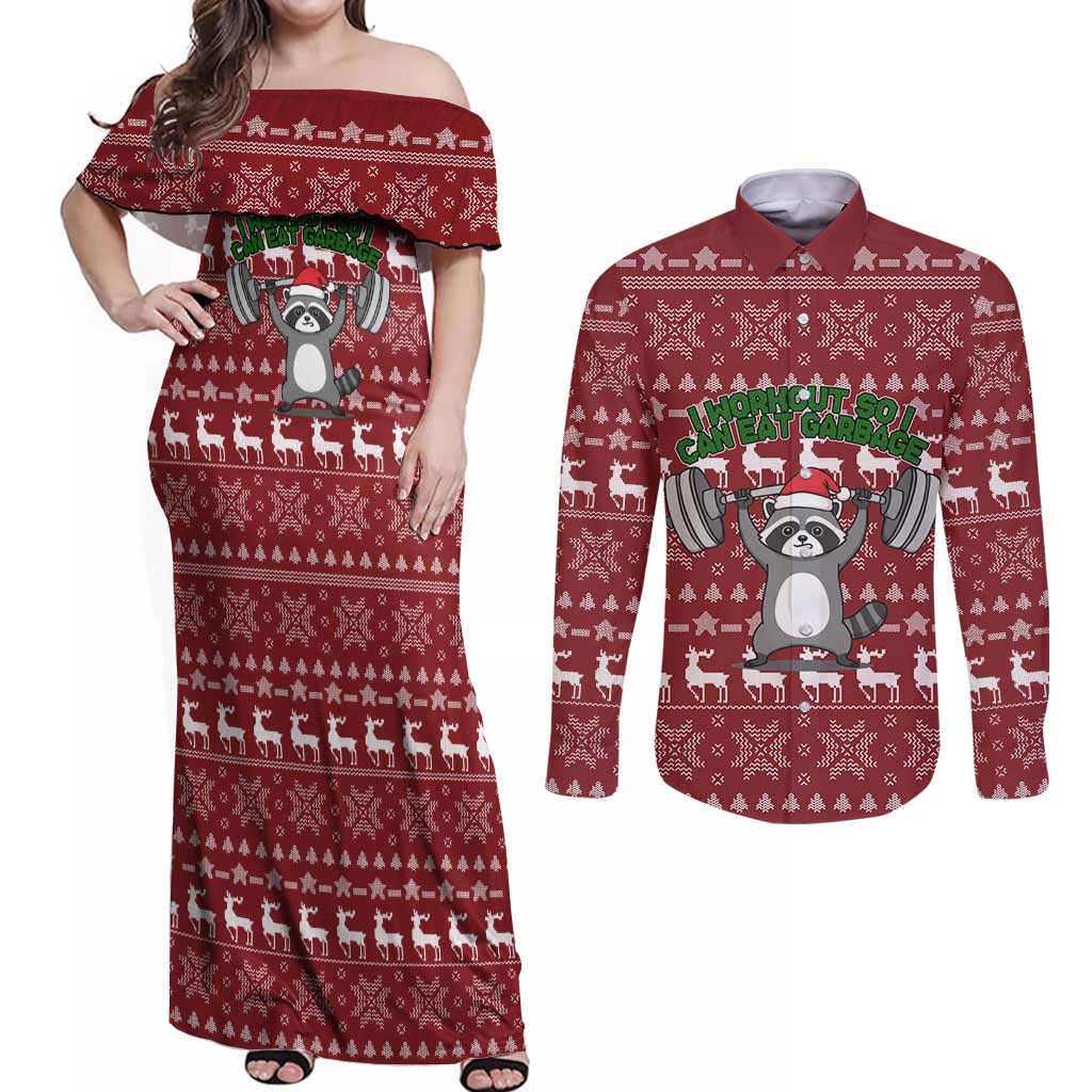 I Workout So I Can Eat Garbage Christmas Design Couples Matching Off Shoulder Maxi Dress and Long Sleeve Button Shirt Xmas Holiday Patterns - Wonder Print Shop