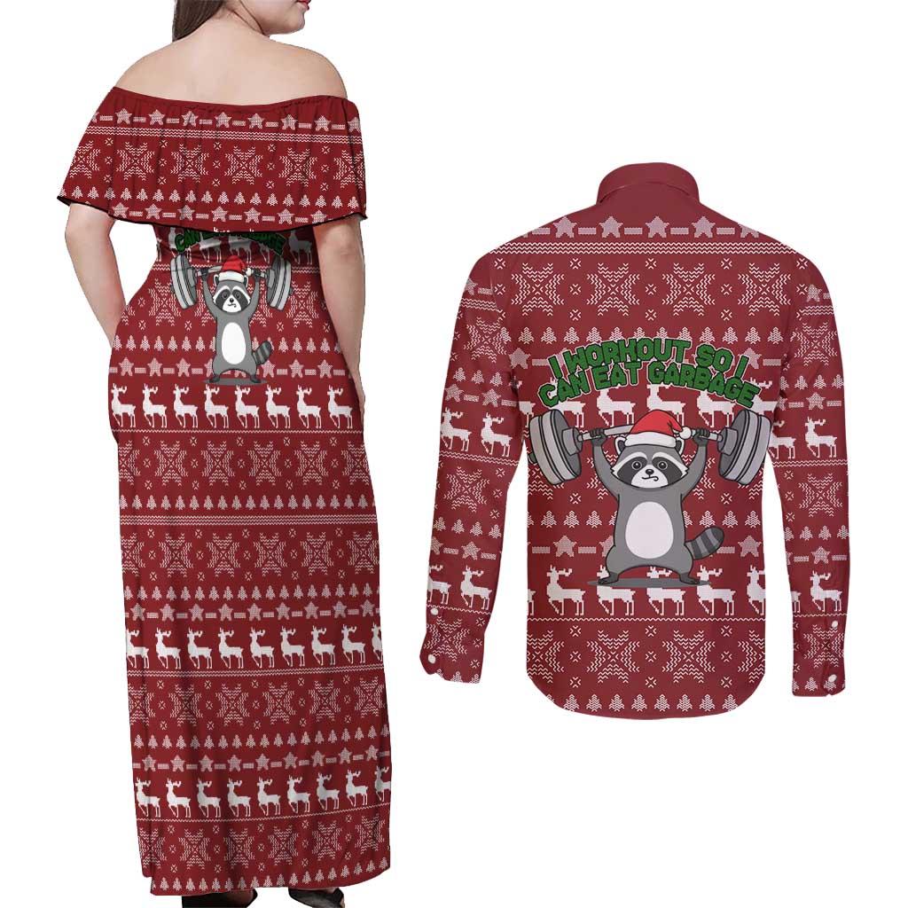 I Workout So I Can Eat Garbage Christmas Design Couples Matching Off Shoulder Maxi Dress and Long Sleeve Button Shirt Xmas Holiday Patterns - Wonder Print Shop
