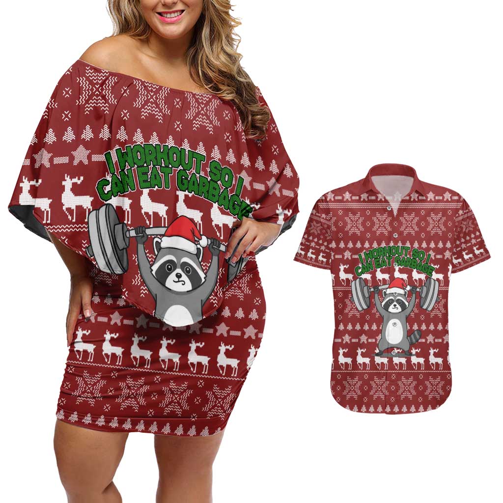I Workout So I Can Eat Garbage Christmas Design Couples Matching Off Shoulder Short Dress and Hawaiian Shirt Xmas Holiday Patterns - Wonder Print Shop