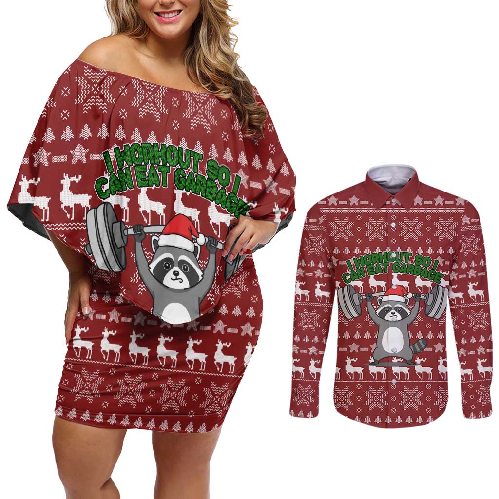 I Workout So I Can Eat Garbage Christmas Design Couples Matching Off Shoulder Short Dress and Long Sleeve Button Shirt Xmas Holiday Patterns - Wonder Print Shop