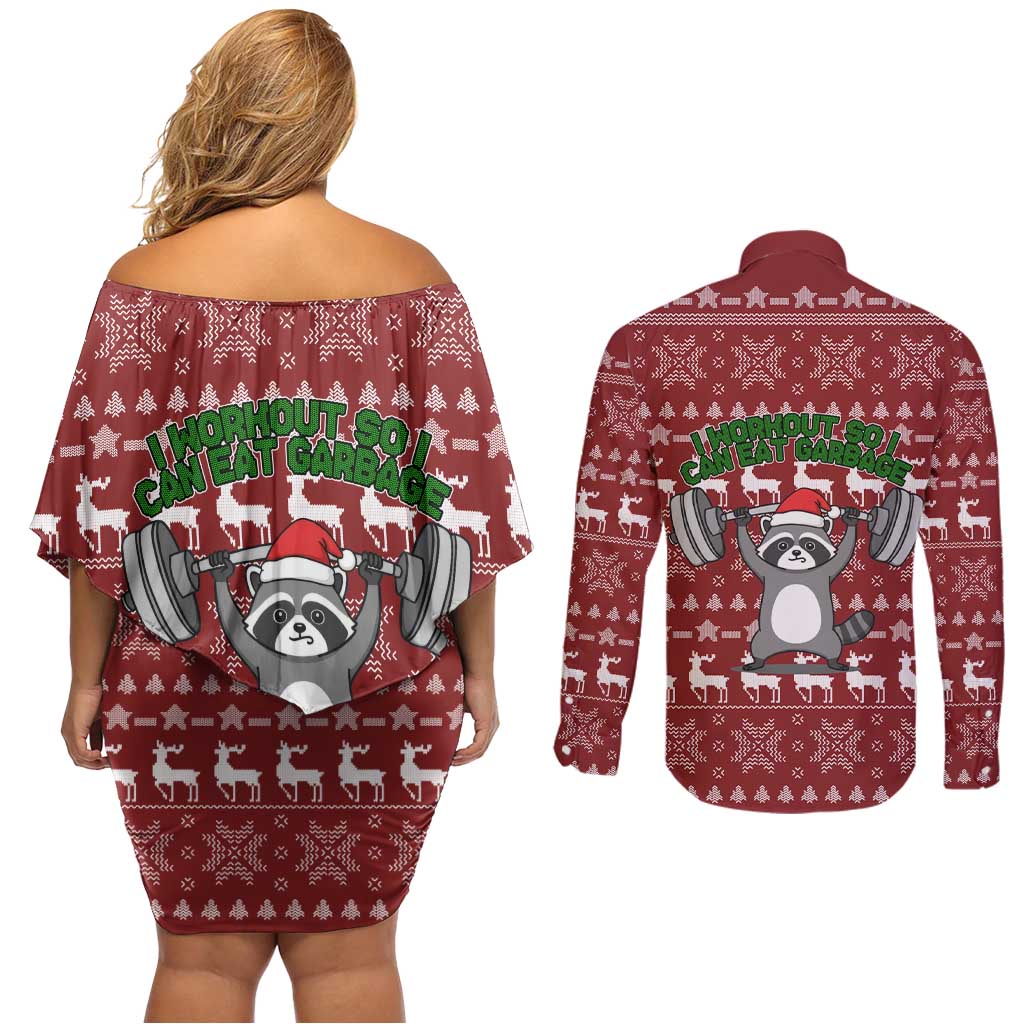 I Workout So I Can Eat Garbage Christmas Design Couples Matching Off Shoulder Short Dress and Long Sleeve Button Shirt Xmas Holiday Patterns - Wonder Print Shop