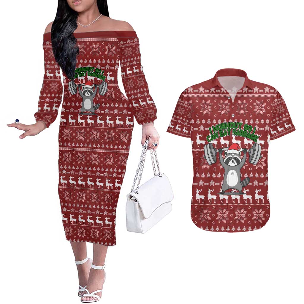 I Workout So I Can Eat Garbage Christmas Design Couples Matching Off The Shoulder Long Sleeve Dress and Hawaiian Shirt Xmas Holiday Patterns - Wonder Print Shop