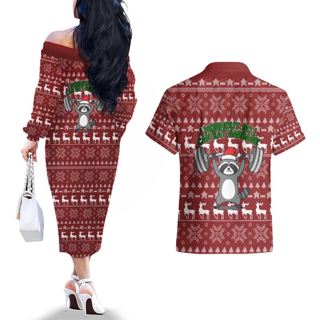 I Workout So I Can Eat Garbage Christmas Design Couples Matching Off The Shoulder Long Sleeve Dress and Hawaiian Shirt Xmas Holiday Patterns - Wonder Print Shop